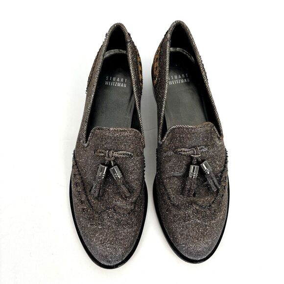 Stuart Weitzman Womens 7 Leather Colorblock Pattern Metallic Gold Silver Loafers - Picture 4 of 16